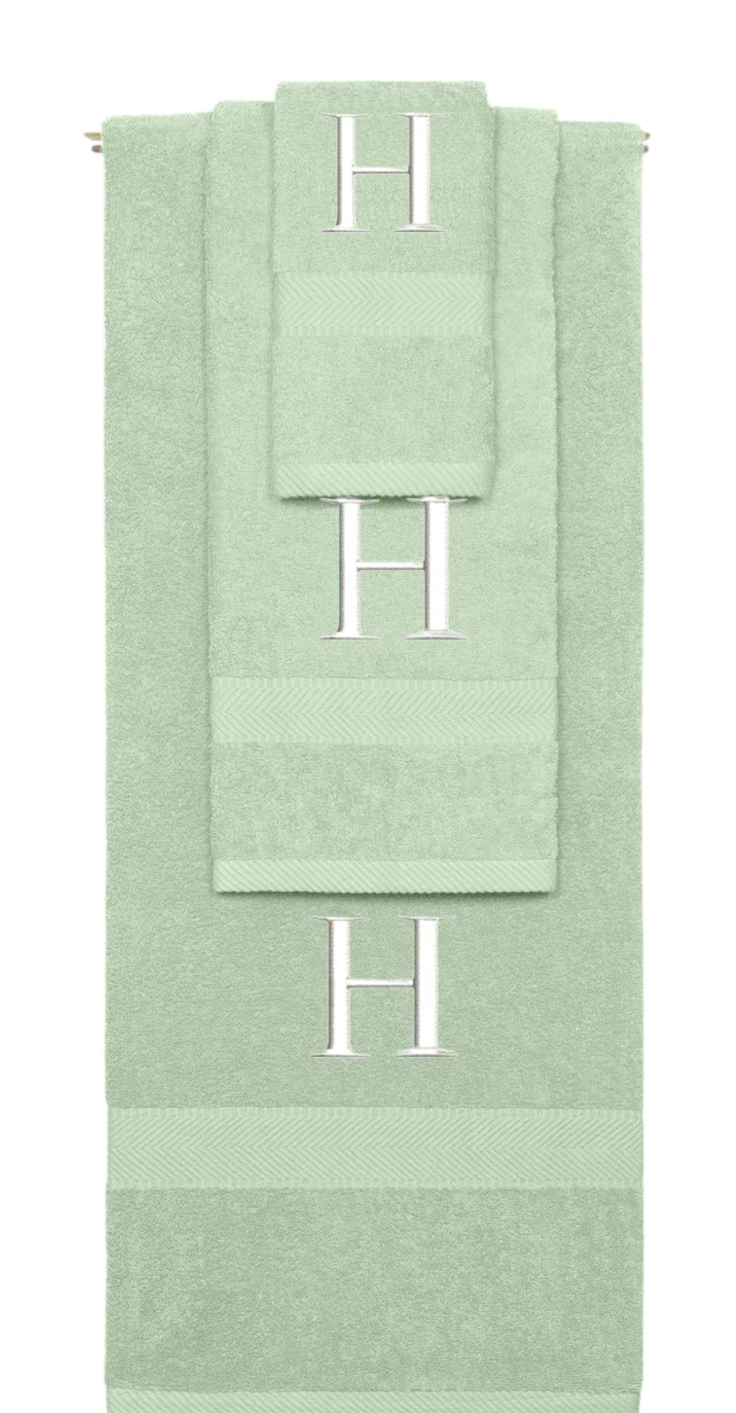 Mint Green monogrammed towel set with White thread, Times New Roman font, initial H - 540 GSM cotton 3-piece