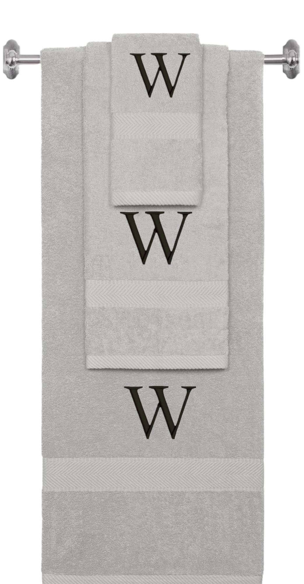 Silver monogrammed towel set with Black thread, Times New Roman font, initial W - 540 GSM cotton 3-piece