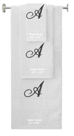 White monogrammed towel set with Black thread, Diana Script font, initial A - 540 GSM cotton 3-piece