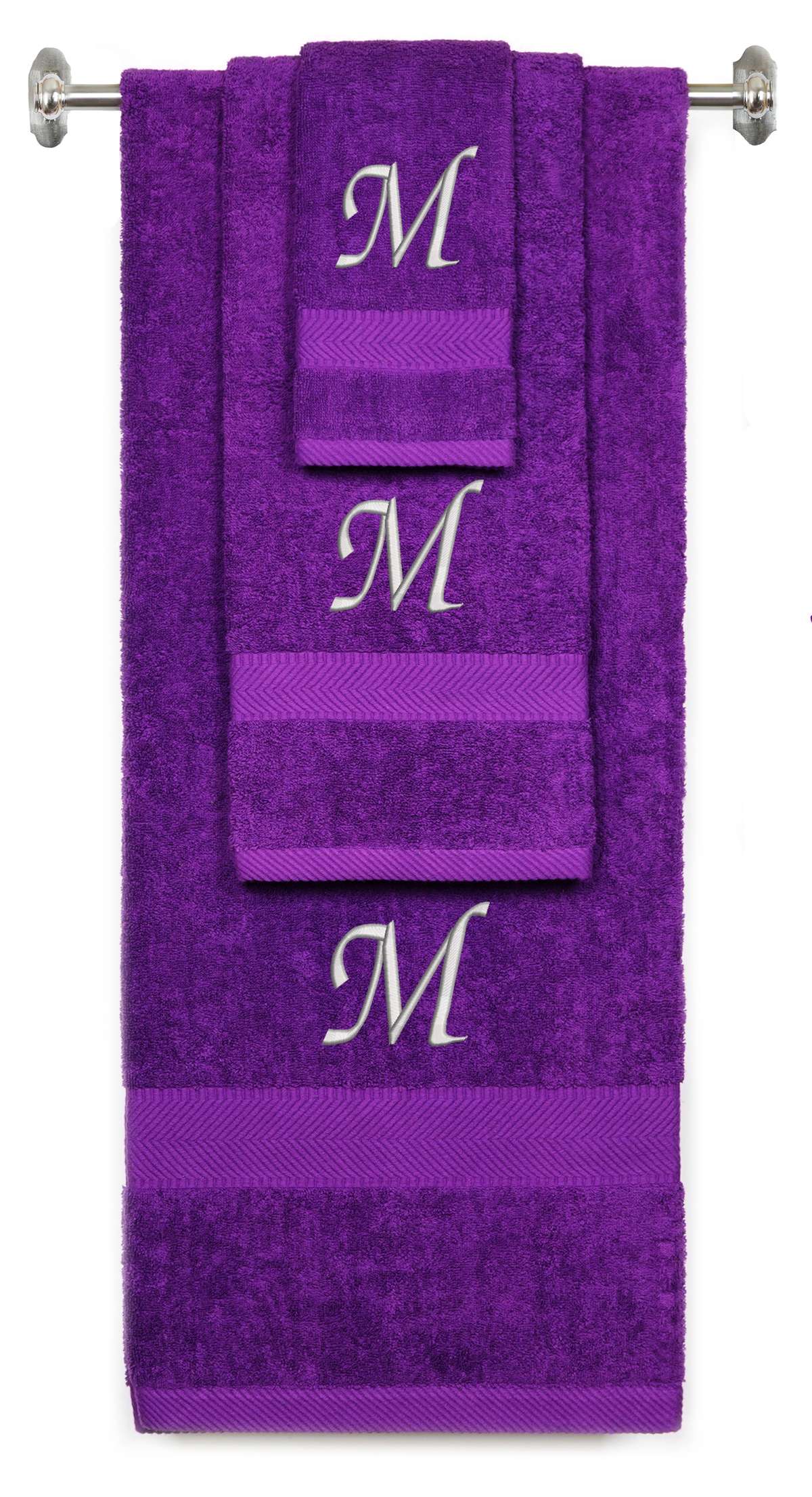 Purple monogrammed towel set with Silver thread, Chancery font, initial M - 540 GSM cotton 3-piece