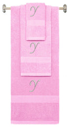Pink monogrammed towel set with Silver thread, Chancery font, initial Y - 540 GSM cotton 3-piece