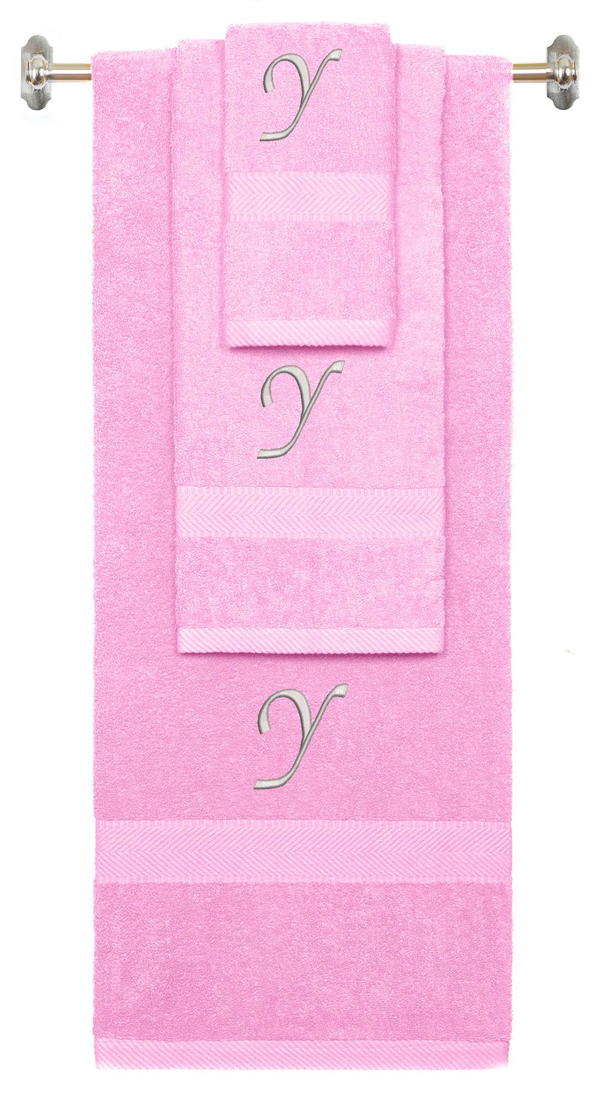 Pink monogrammed towel set with Silver thread, Chancery font, initial Y - 540 GSM cotton 3-piece