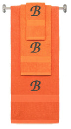 Orange monogrammed towel set with Black thread, Chancery font, initial B - 540 GSM cotton 3-piece