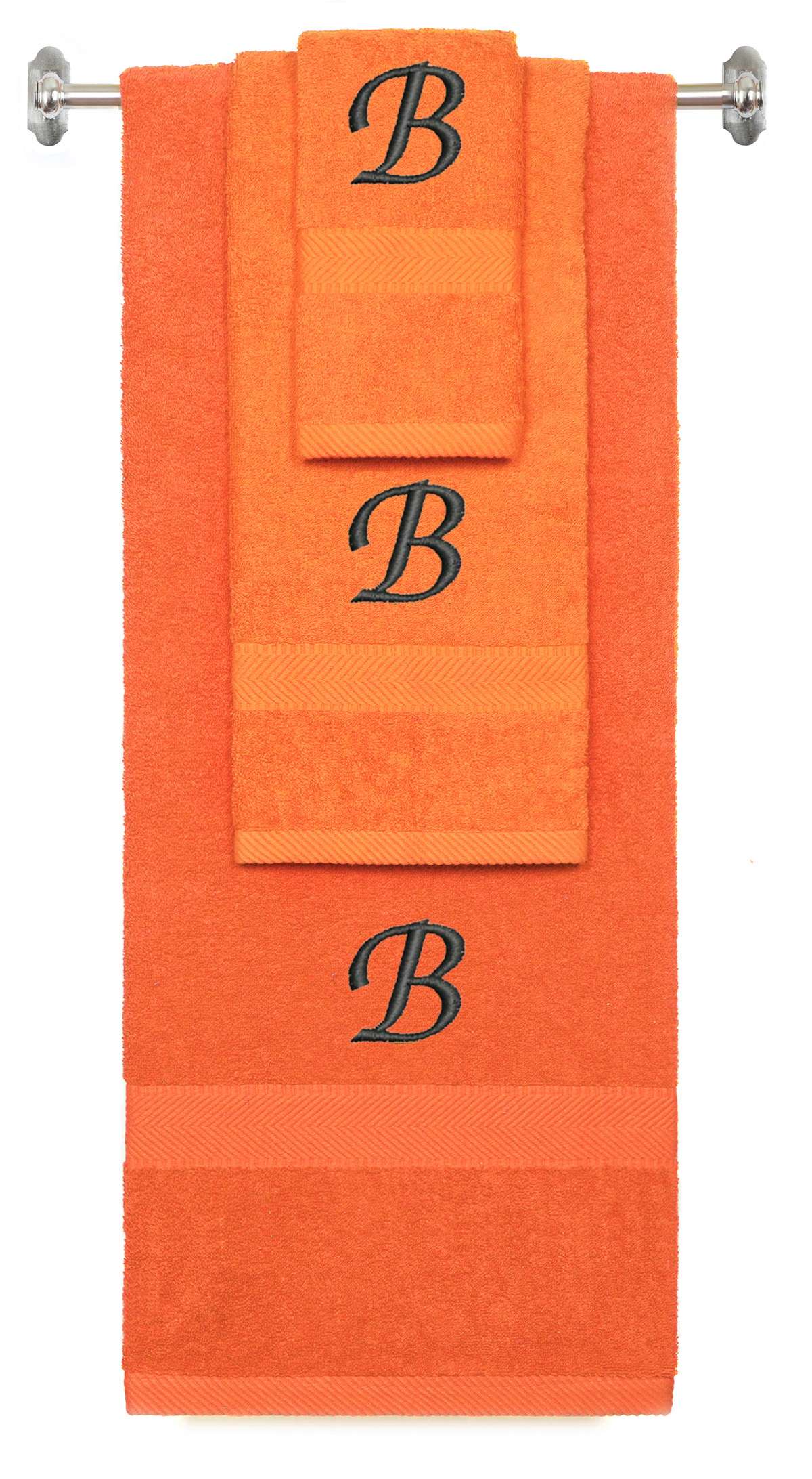 Orange monogrammed towel set with Black thread, Chancery font, initial B - 540 GSM cotton 3-piece
