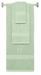 Mint Green monogrammed towel set with White thread, Chancery font, initial G - 540 GSM cotton 3-piece