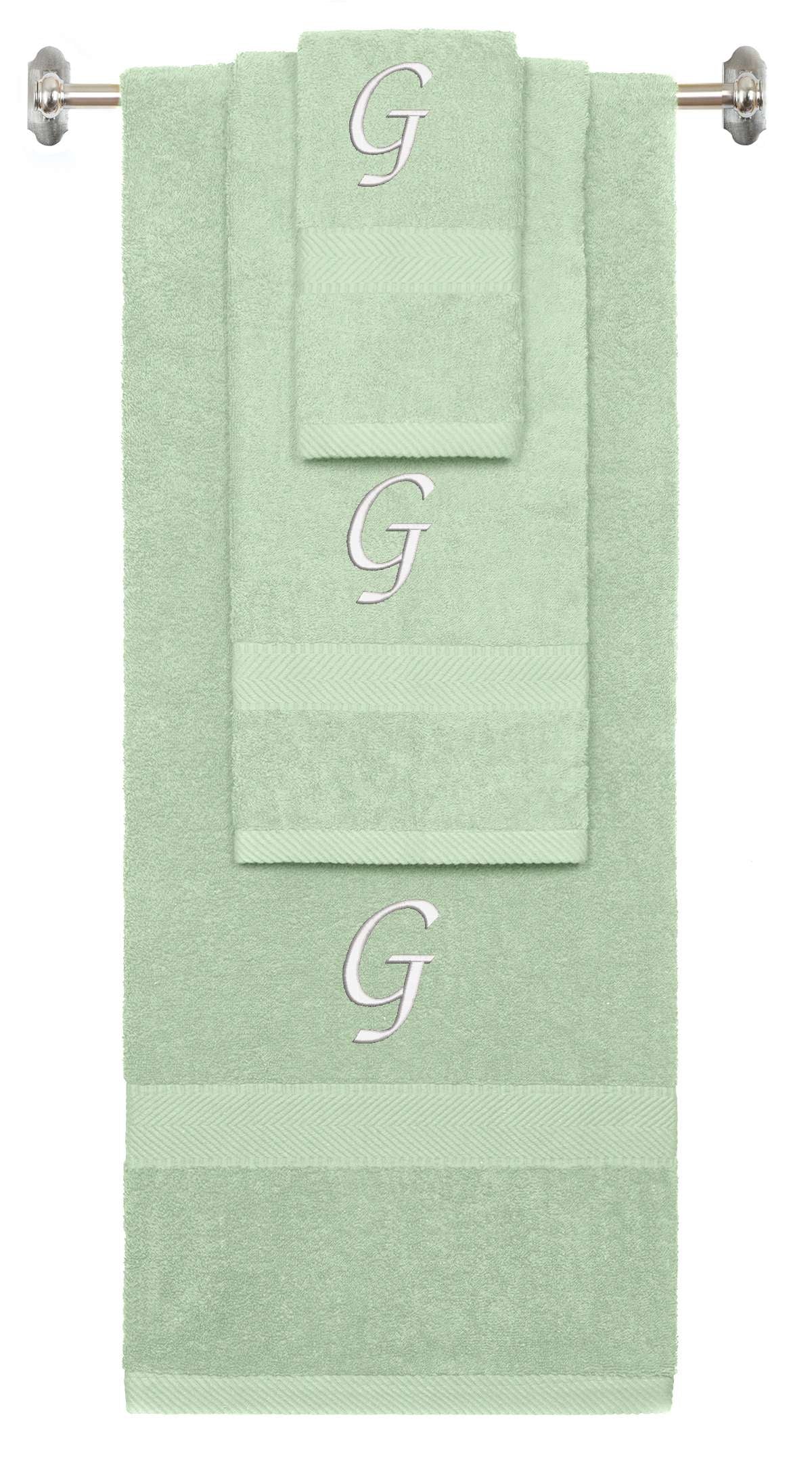 Mint Green monogrammed towel set with White thread, Chancery font, initial G - 540 GSM cotton 3-piece