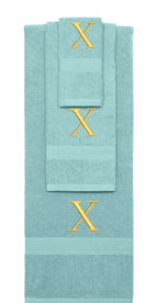 Nautical Teal monogrammed towel set with Gold thread, Times New Roman font, initial X - 540 GSM cotton 3-piece