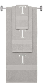 Silver monogrammed towel set with White thread, Times New Roman font, initial T - 540 GSM cotton 3-piece