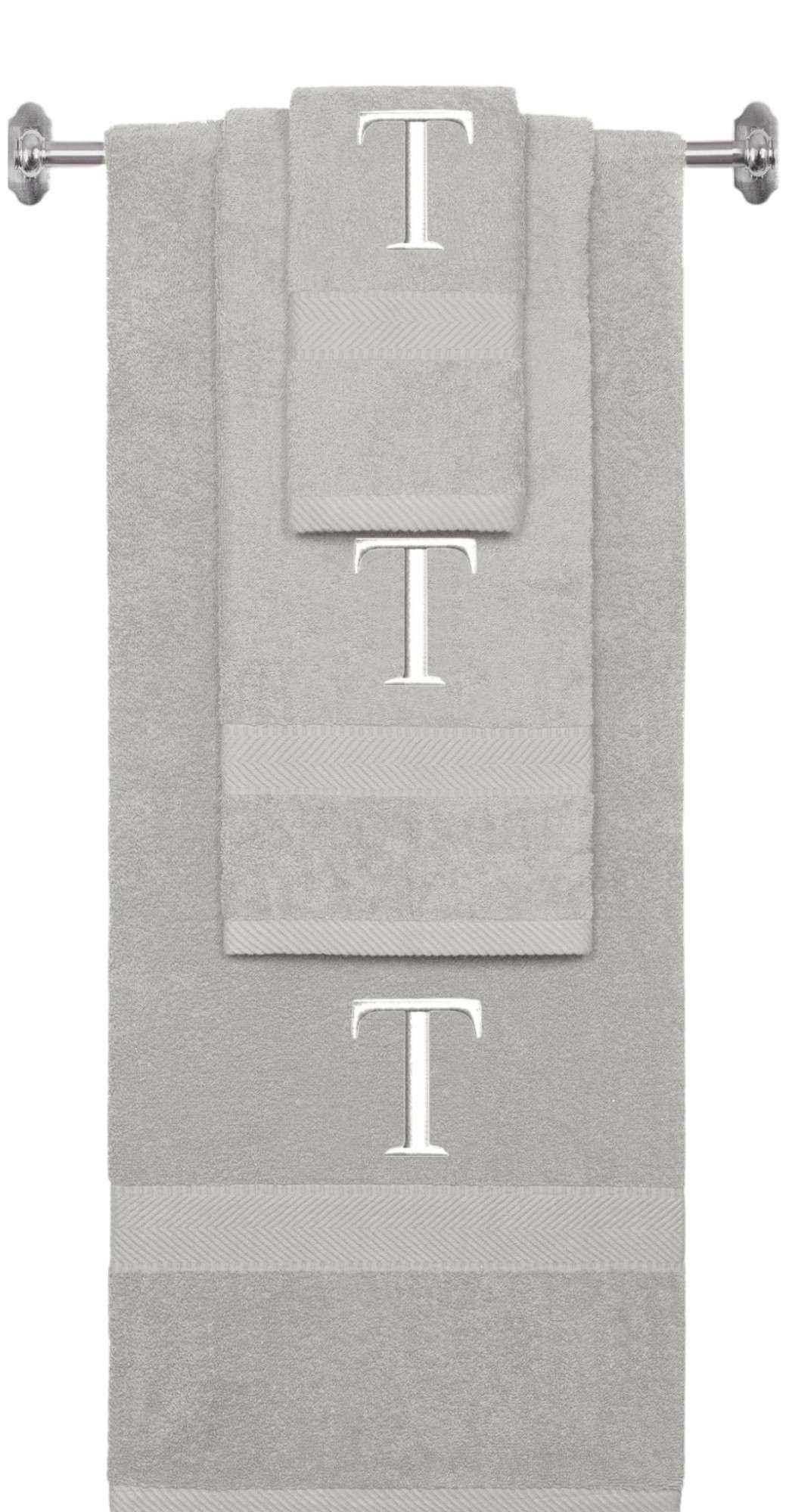 Silver monogrammed towel set with White thread, Times New Roman font, initial T - 540 GSM cotton 3-piece