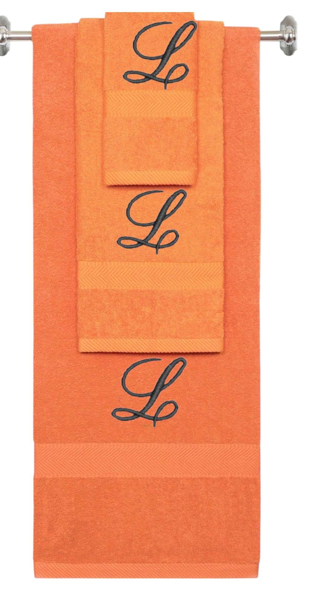 Orange monogrammed towel set with Black thread, Diana Script font, initial L - 540 GSM cotton 3-piece