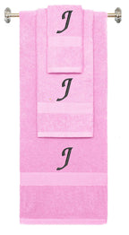 Pink monogrammed towel set with Black thread, Chancery font, initial J - 540 GSM cotton 3-piece