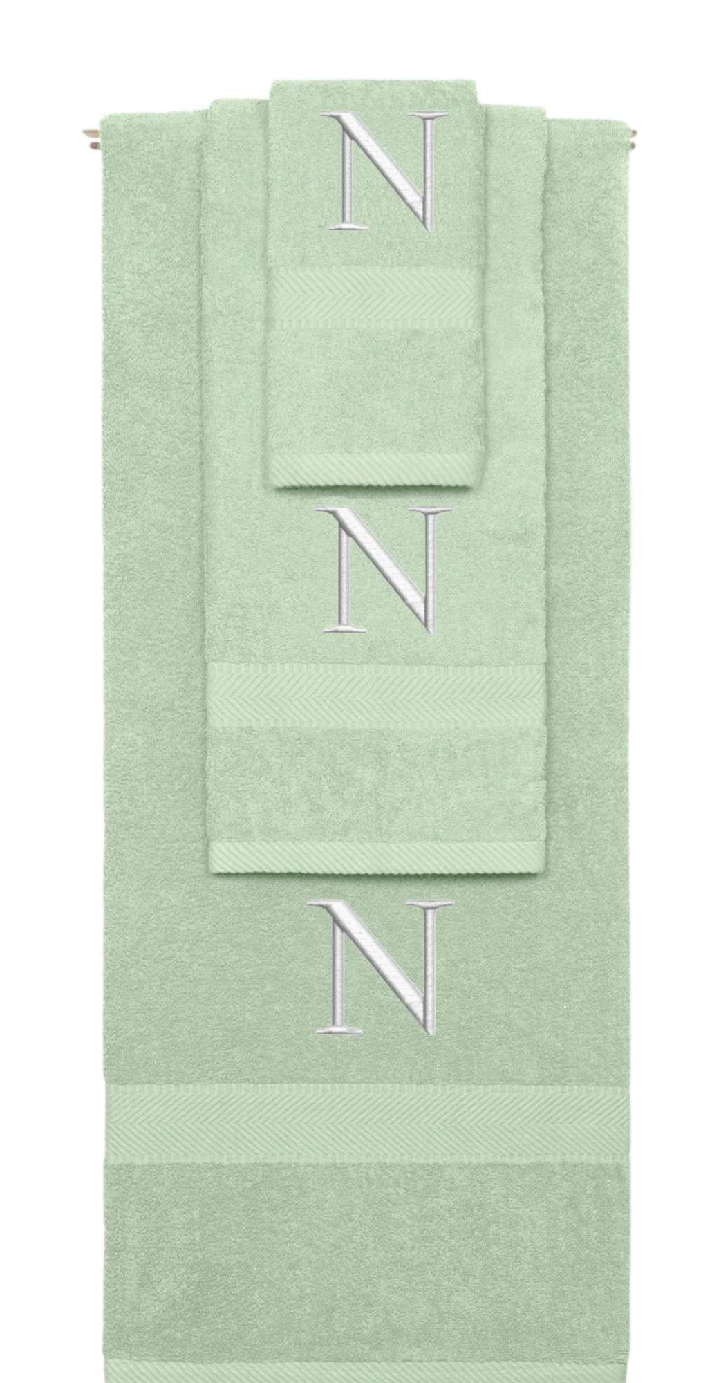 Mint Green monogrammed towel set with Silver thread, Times New Roman font, initial N - 540 GSM cotton 3-piece
