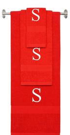 Red monogrammed towel set with White thread, Times New Roman font, initial S - 540 GSM cotton 3-piece
