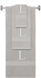 Silver monogrammed towel set with Silver thread, Times New Roman font, initial L - 540 GSM cotton 3-piece