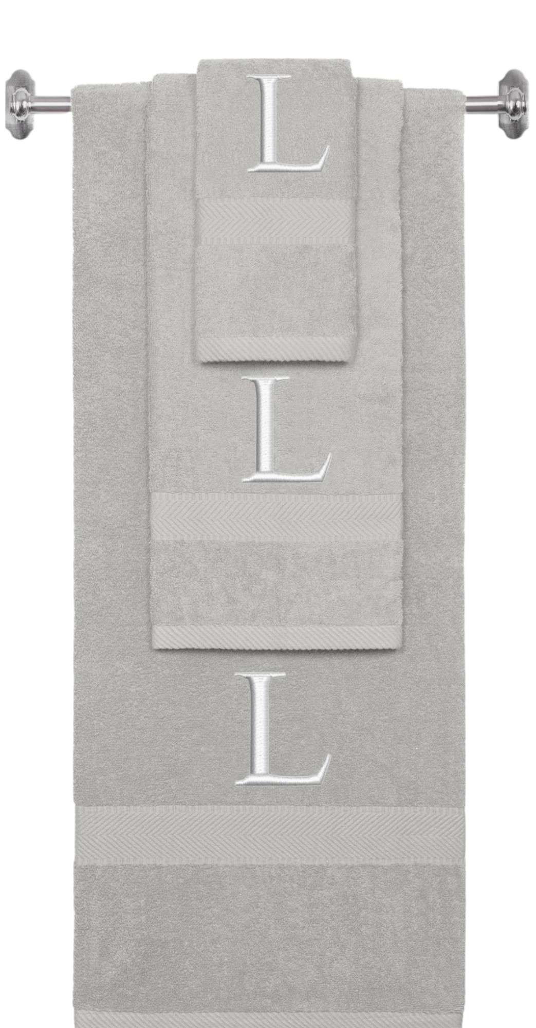 Silver monogrammed towel set with Silver thread, Times New Roman font, initial L - 540 GSM cotton 3-piece