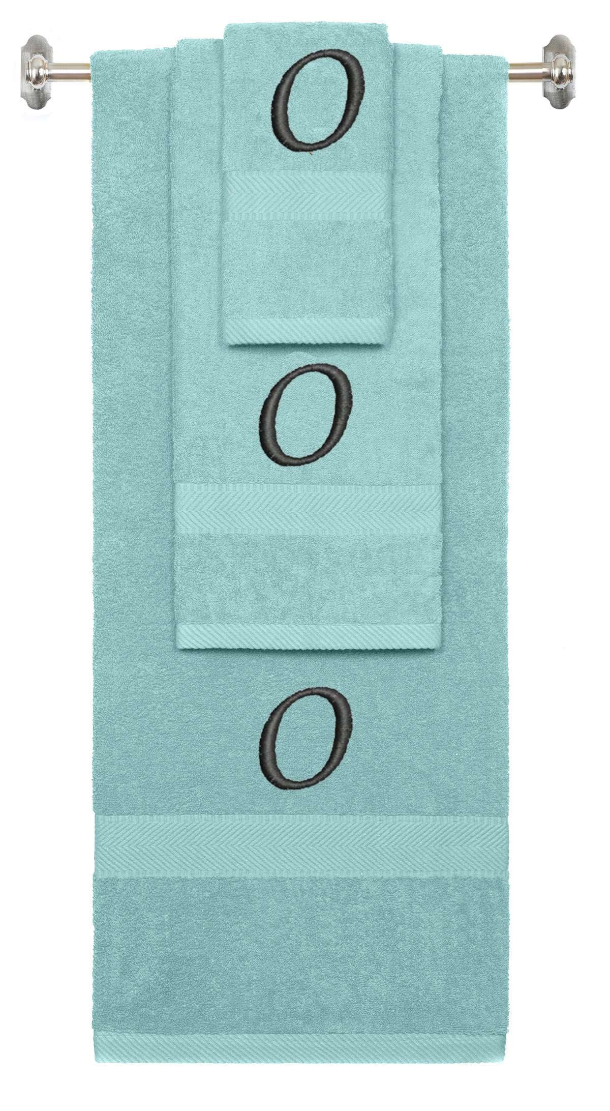 Nautical Teal monogrammed towel set with Black thread, Chancery font, initial O - 540 GSM cotton 3-piece