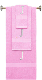 Pink monogrammed towel set with White thread, Times New Roman font, initial J - 540 GSM cotton 3-piece