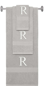 Silver monogrammed towel set with White thread, Times New Roman font, initial R - 540 GSM cotton 3-piece