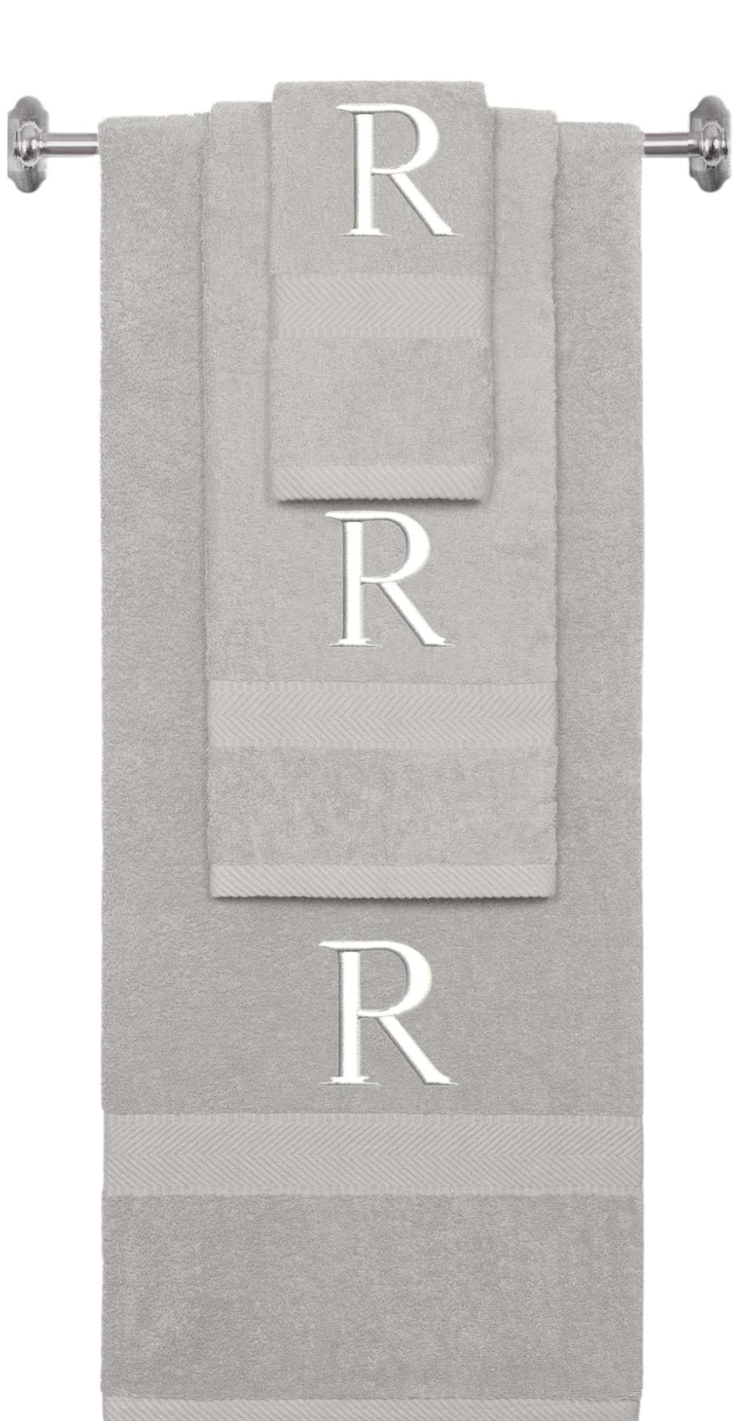 Silver monogrammed towel set with White thread, Times New Roman font, initial R - 540 GSM cotton 3-piece