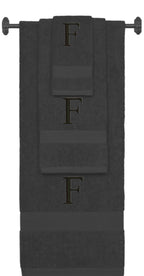 Charcoal monogrammed towel set with Black thread, Times New Roman font, initial F - 540 GSM cotton 3-piece