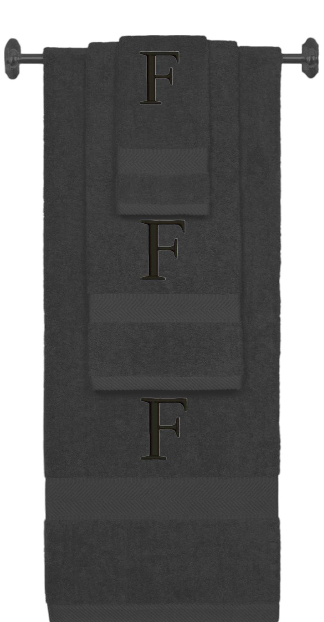 Charcoal monogrammed towel set with Black thread, Times New Roman font, initial F - 540 GSM cotton 3-piece