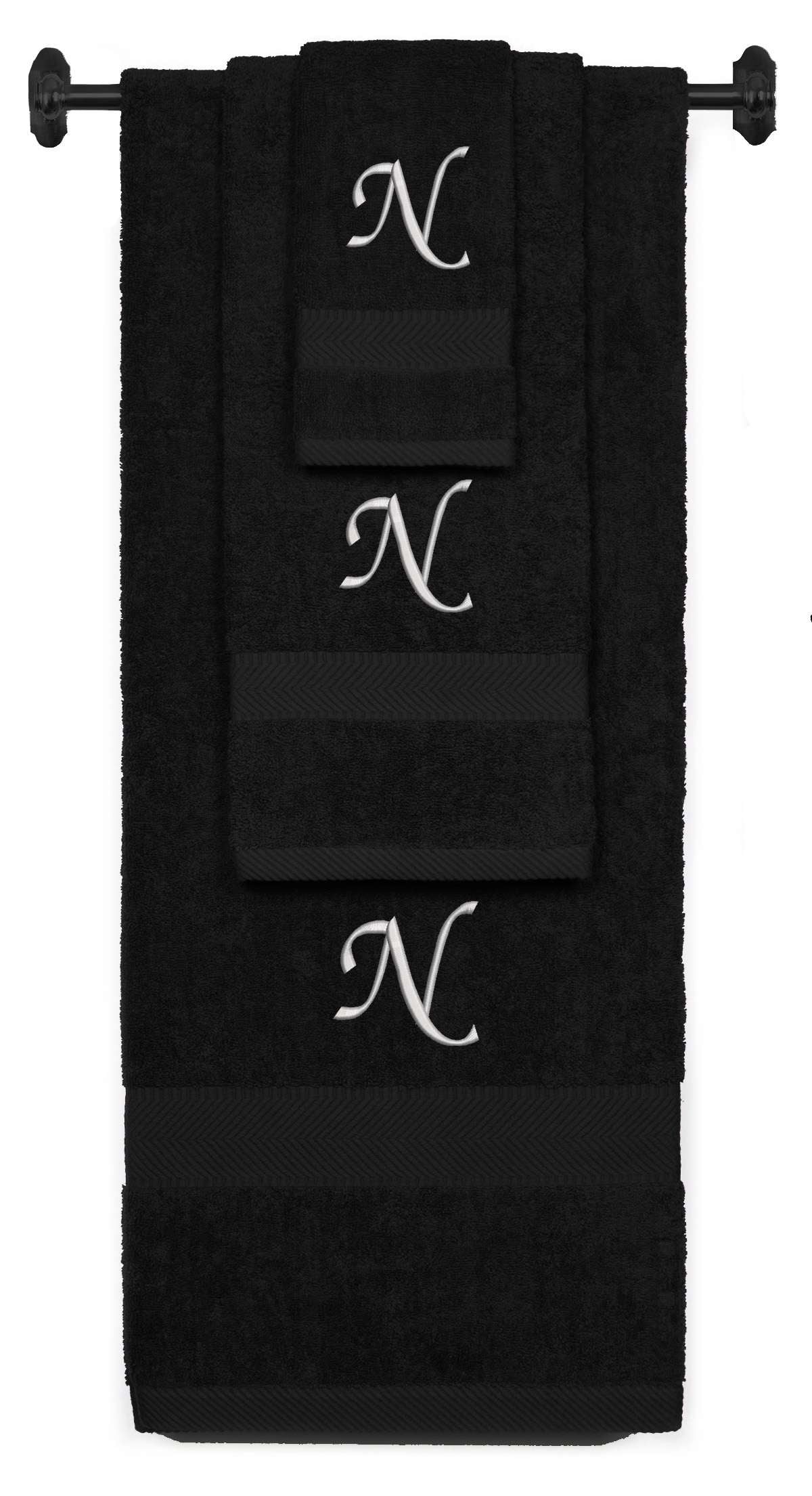 Black monogrammed towel set with Silver thread, Chancery font, initial N - 540 GSM cotton 3-piece