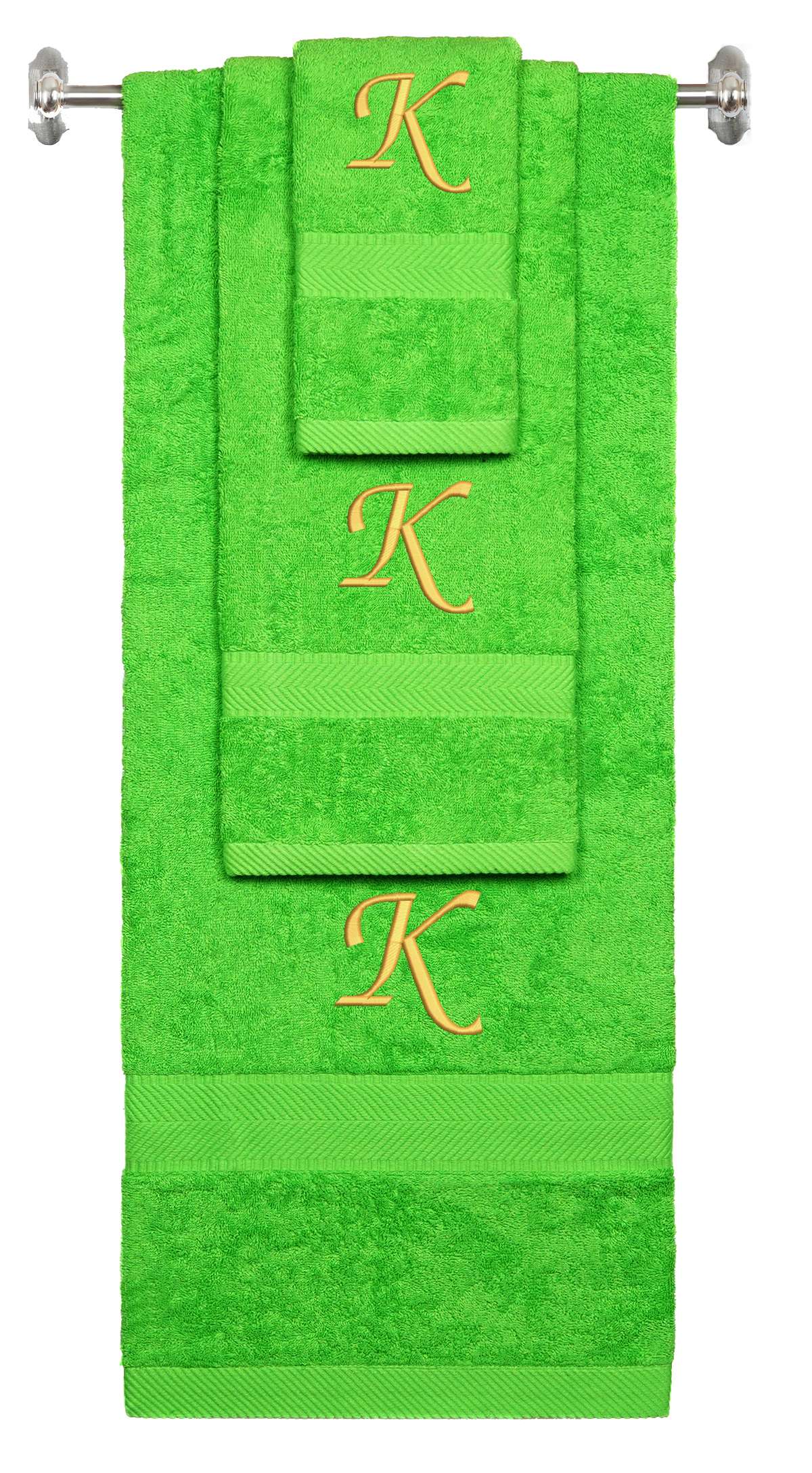Lime monogrammed towel set with Gold thread, Chancery font, initial K - 540 GSM cotton 3-piece