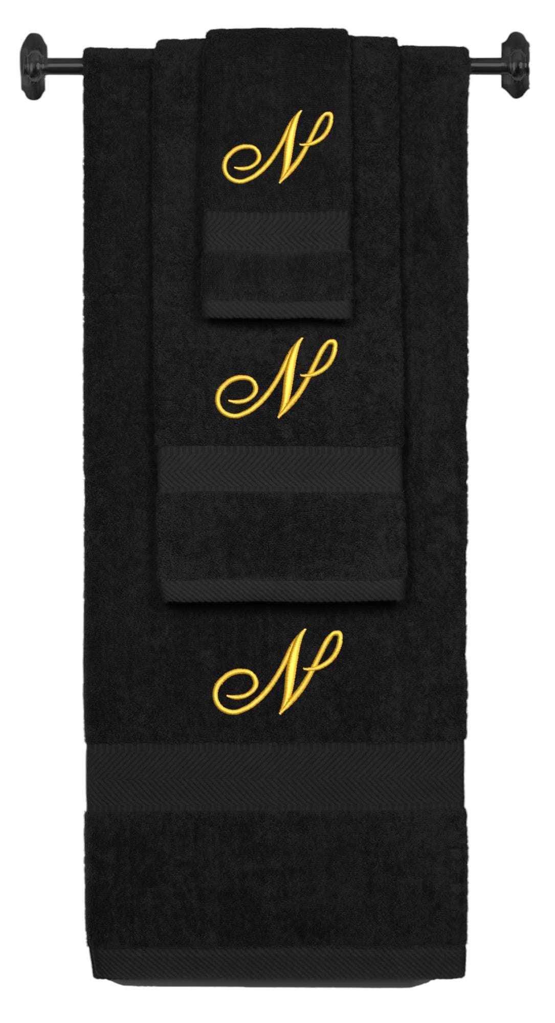 Black monogrammed towel set with Gold thread, Diana Script font, initial N - 540 GSM cotton 3-piece