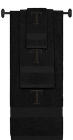 Black monogrammed towel set with Black thread, Times New Roman font, initial T - 540 GSM cotton 3-piece