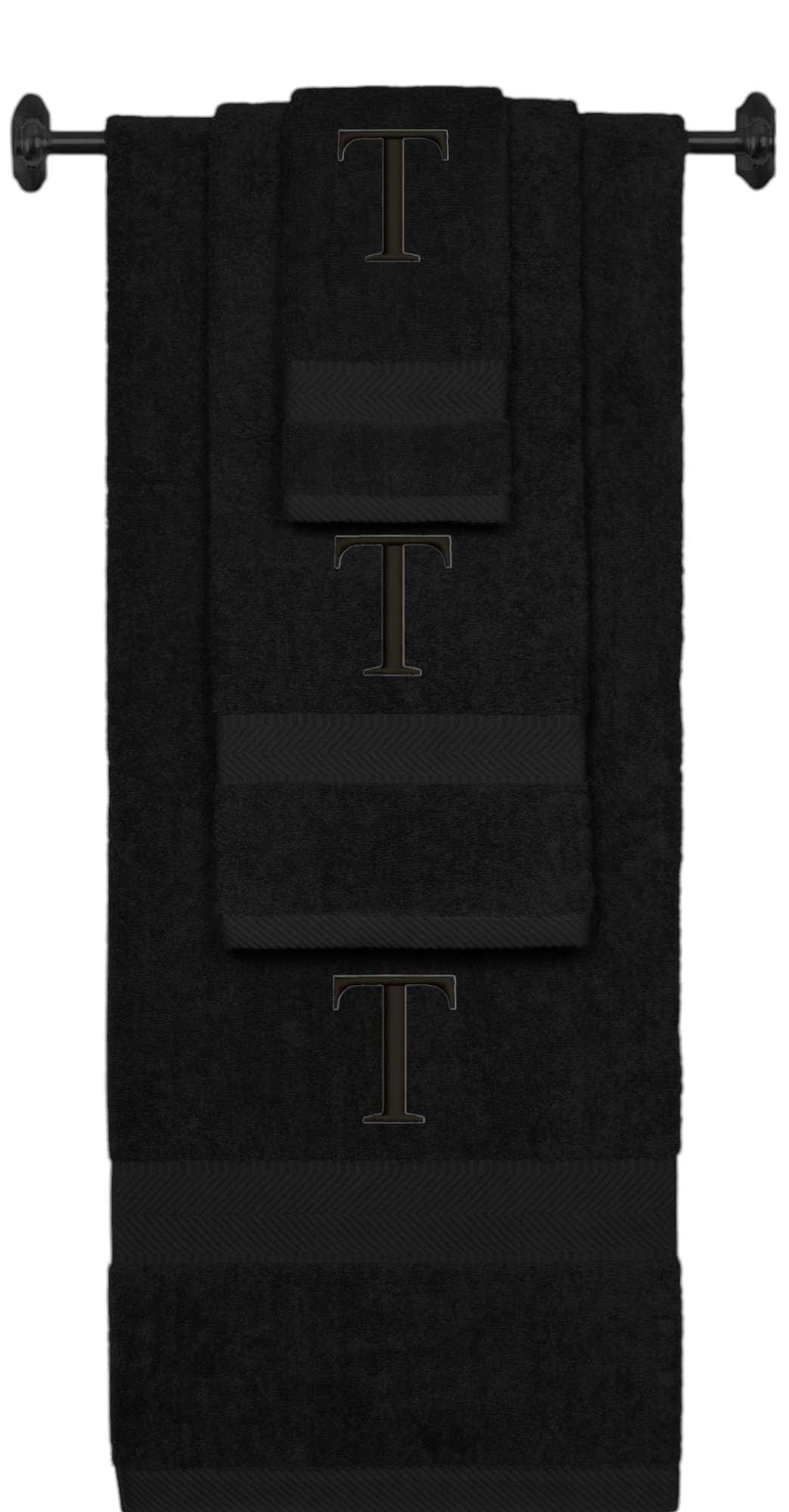 Black monogrammed towel set with Black thread, Times New Roman font, initial T - 540 GSM cotton 3-piece