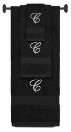 Black monogrammed towel set with Silver thread, Diana Script font, initial C - 540 GSM cotton 3-piece