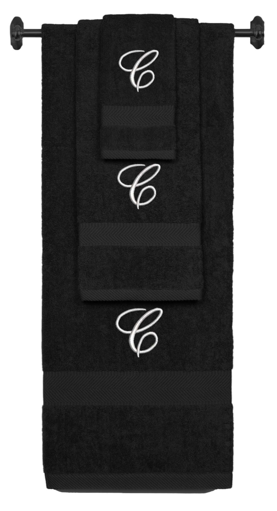 Black monogrammed towel set with Silver thread, Diana Script font, initial C - 540 GSM cotton 3-piece
