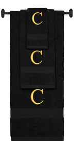 Black monogrammed towel set with Gold thread, Times New Roman font, initial C - 540 GSM cotton 3-piece