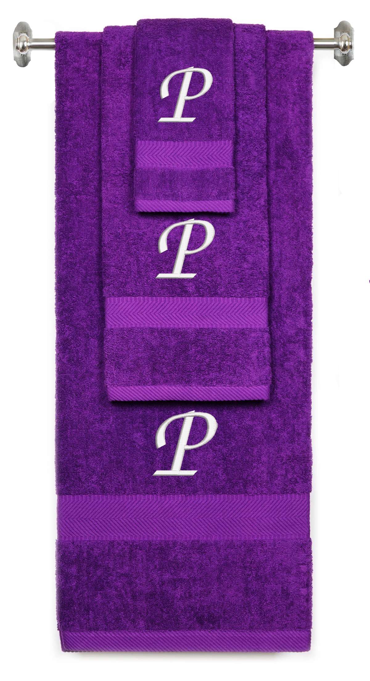 Purple monogrammed towel set with White thread, Chancery font, initial P - 540 GSM cotton 3-piece