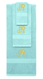 Nautical Teal monogrammed towel set with Gold thread, Diana Script font, initial R - 540 GSM cotton 3-piece