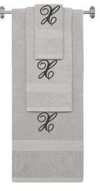 Silver monogrammed towel set with Black thread, Diana Script font, initial X - 540 GSM cotton 3-piece