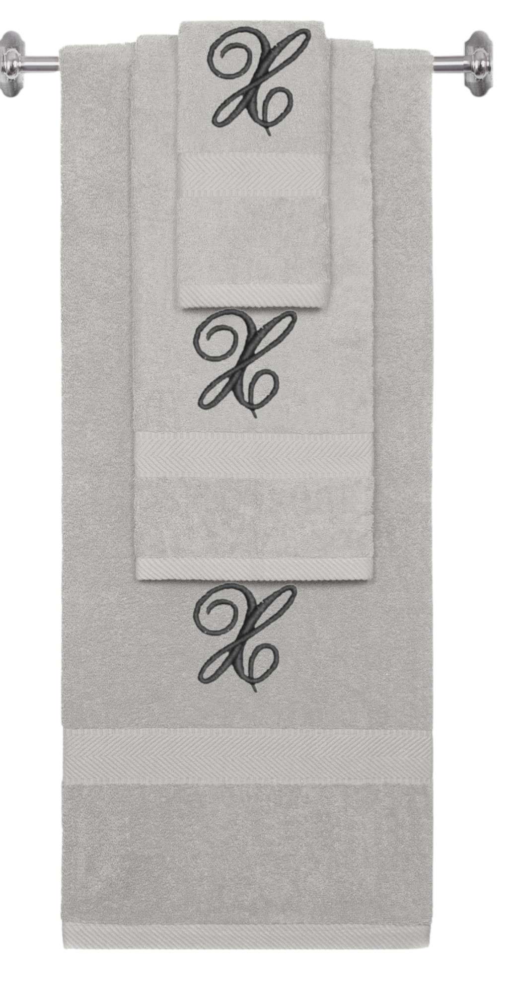 Silver monogrammed towel set with Black thread, Diana Script font, initial X - 540 GSM cotton 3-piece