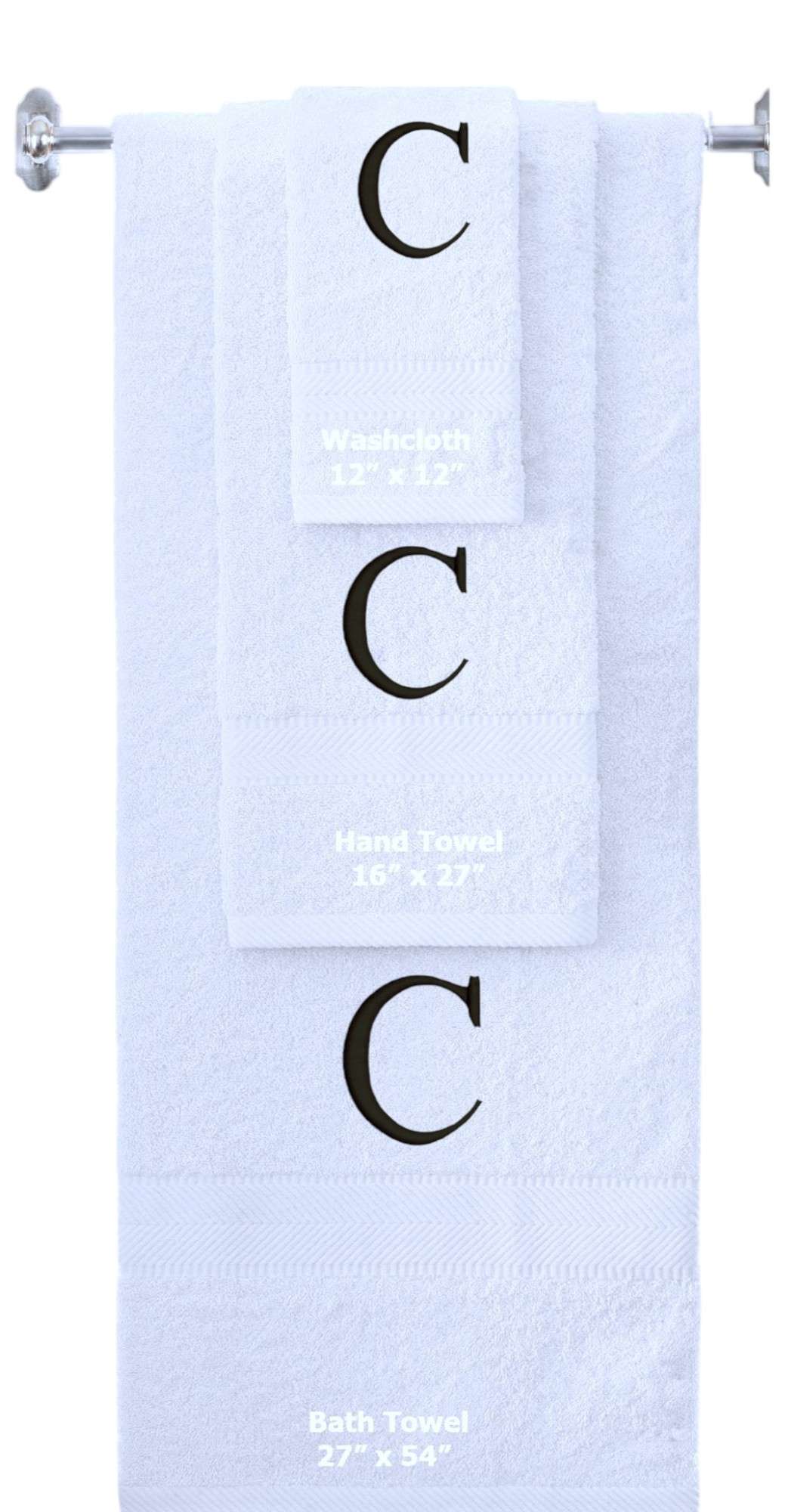 White monogrammed towel set with Black thread, Times New Roman font, initial C - 540 GSM cotton 3-piece