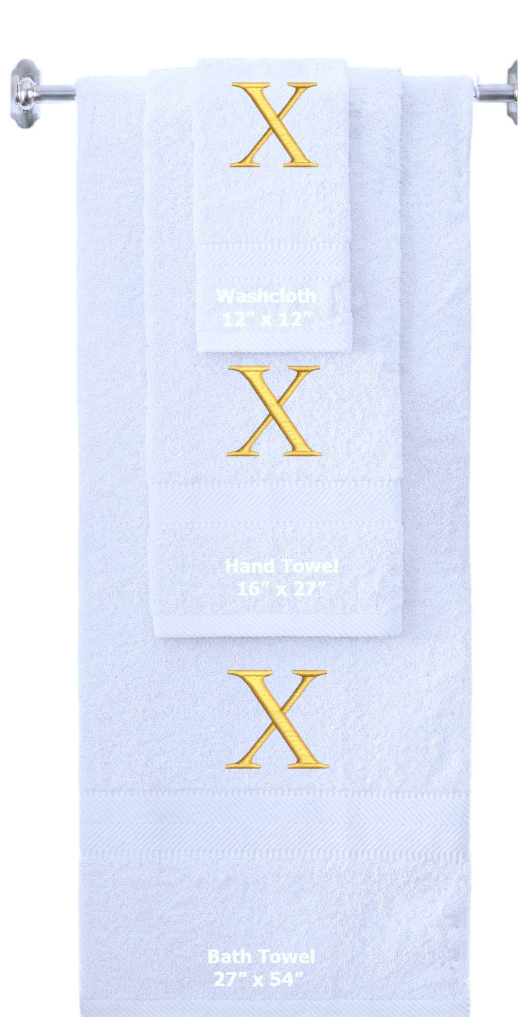 White monogrammed towel set with Gold thread, Times New Roman font, initial X - 540 GSM cotton 3-piece