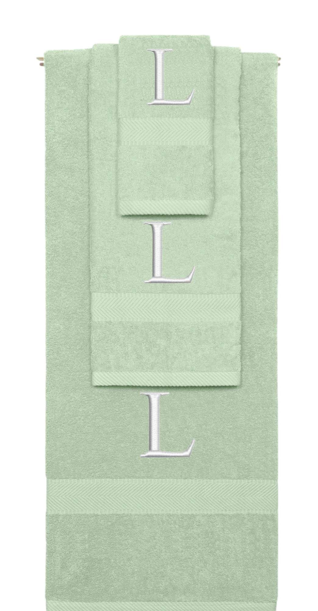 Mint Green monogrammed towel set with Silver thread, Times New Roman font, initial L - 540 GSM cotton 3-piece