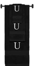 Black monogrammed towel set with White thread, Times New Roman font, initial U - 540 GSM cotton 3-piece