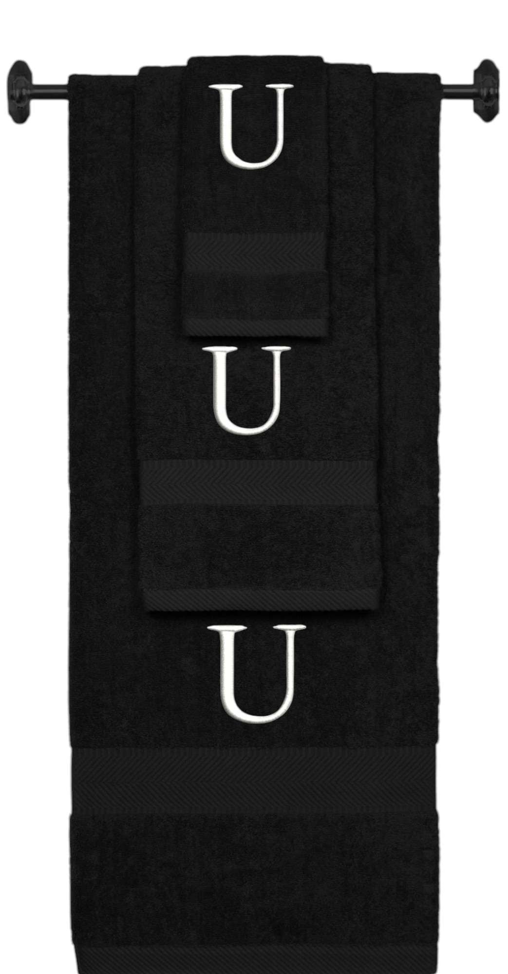 Black monogrammed towel set with White thread, Times New Roman font, initial U - 540 GSM cotton 3-piece