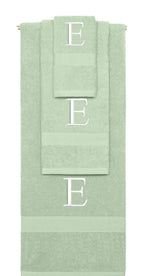 Mint Green monogrammed towel set with White thread, Times New Roman font, initial E - 540 GSM cotton 3-piece