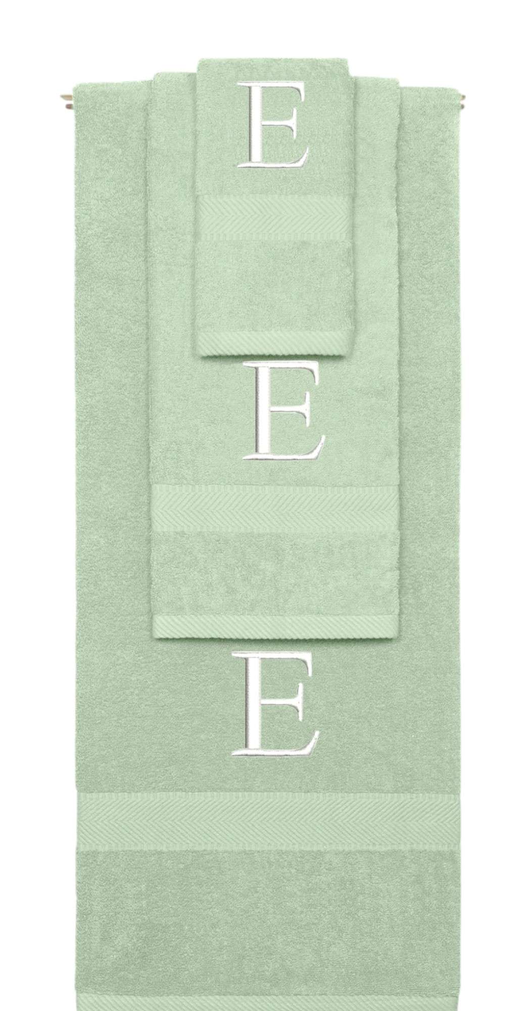 Mint Green monogrammed towel set with White thread, Times New Roman font, initial E - 540 GSM cotton 3-piece