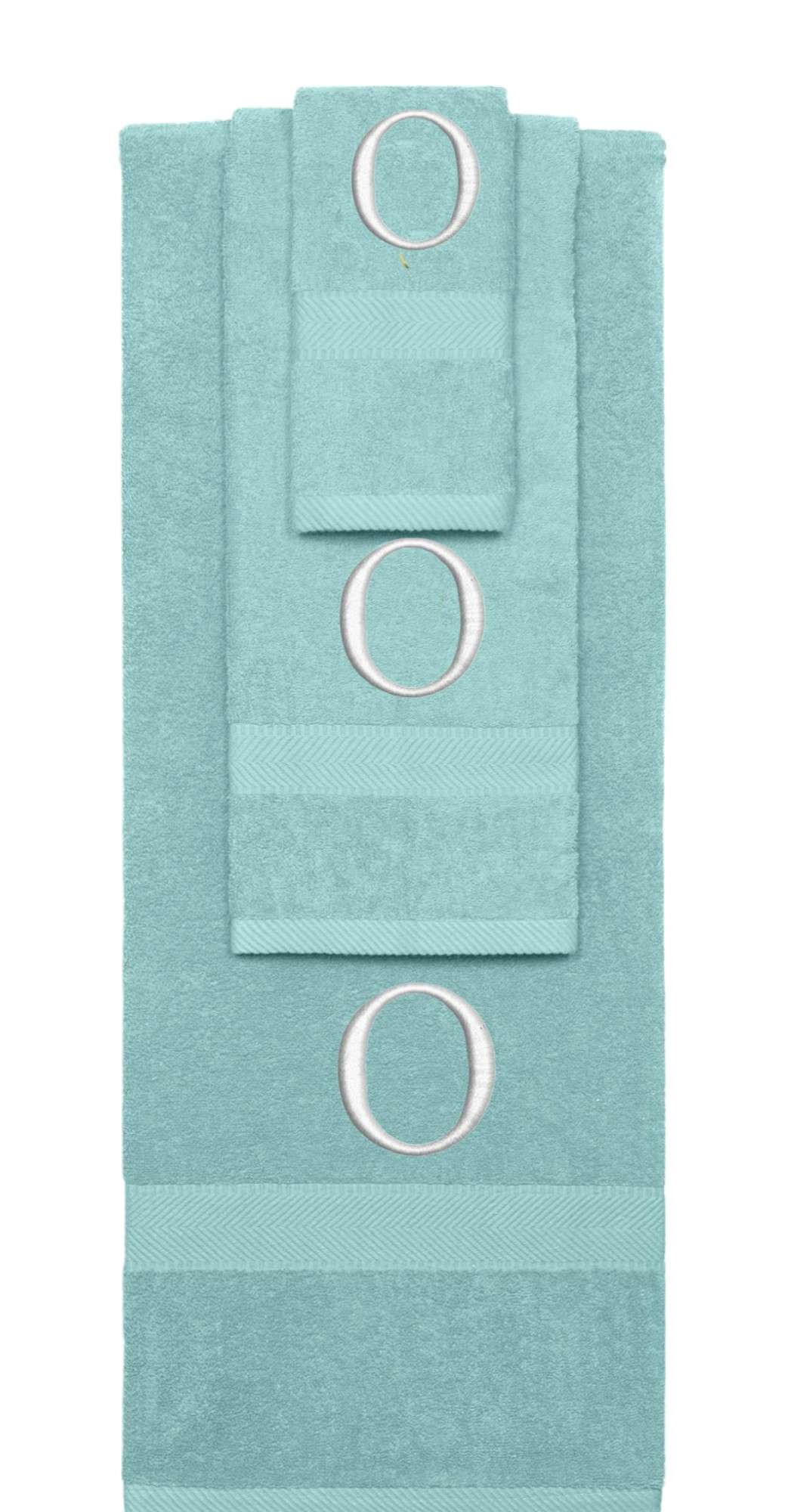 Nautical Teal monogrammed towel set with Silver thread, Times New Roman font, initial O - 540 GSM cotton 3-piece