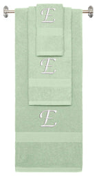 Mint Green monogrammed towel set with White thread, Chancery font, initial E - 540 GSM cotton 3-piece
