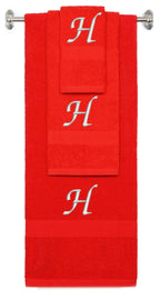 Red monogrammed towel set with Silver thread, Chancery font, initial H - 540 GSM cotton 3-piece