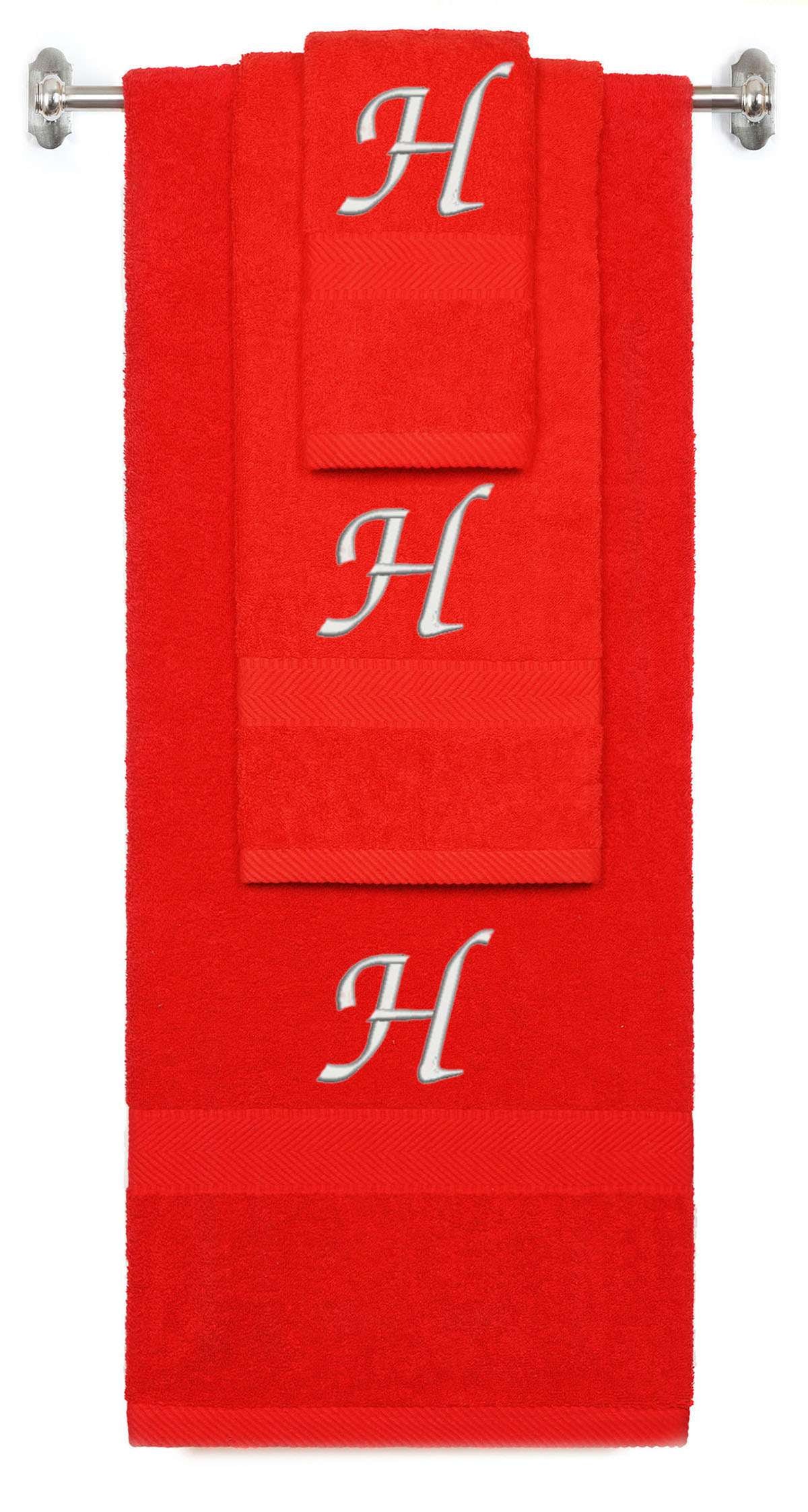 Red monogrammed towel set with Silver thread, Chancery font, initial H - 540 GSM cotton 3-piece