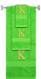 Lime monogrammed towel set with Gold thread, Times New Roman font, initial K - 540 GSM cotton 3-piece