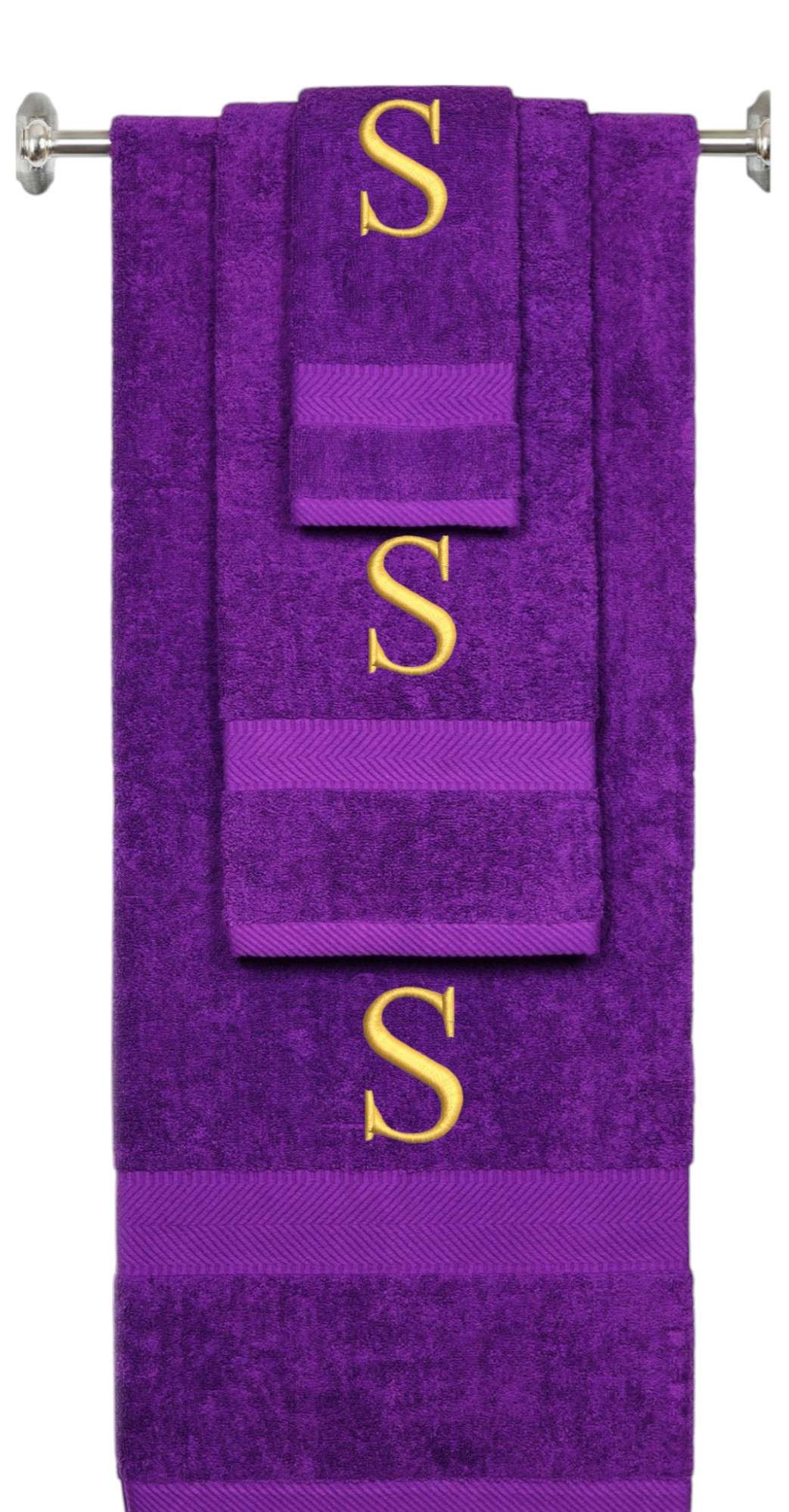 Purple monogrammed towel set with Gold thread, Times New Roman font, initial S - 540 GSM cotton 3-piece